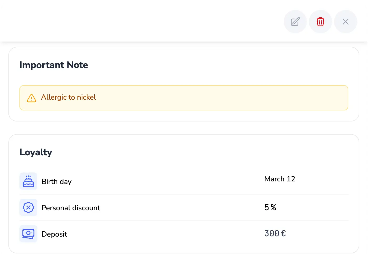 Client notes, allergy alerts, and loyalty details
