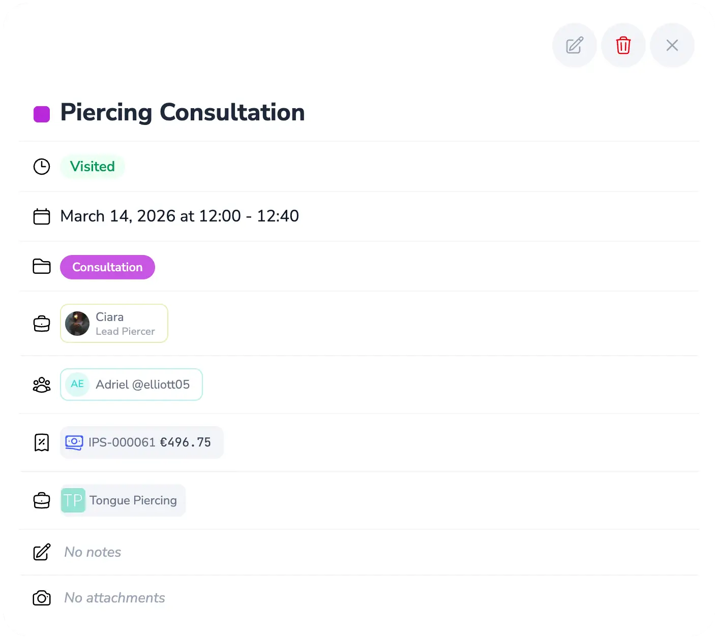 Client profile overview with details and history