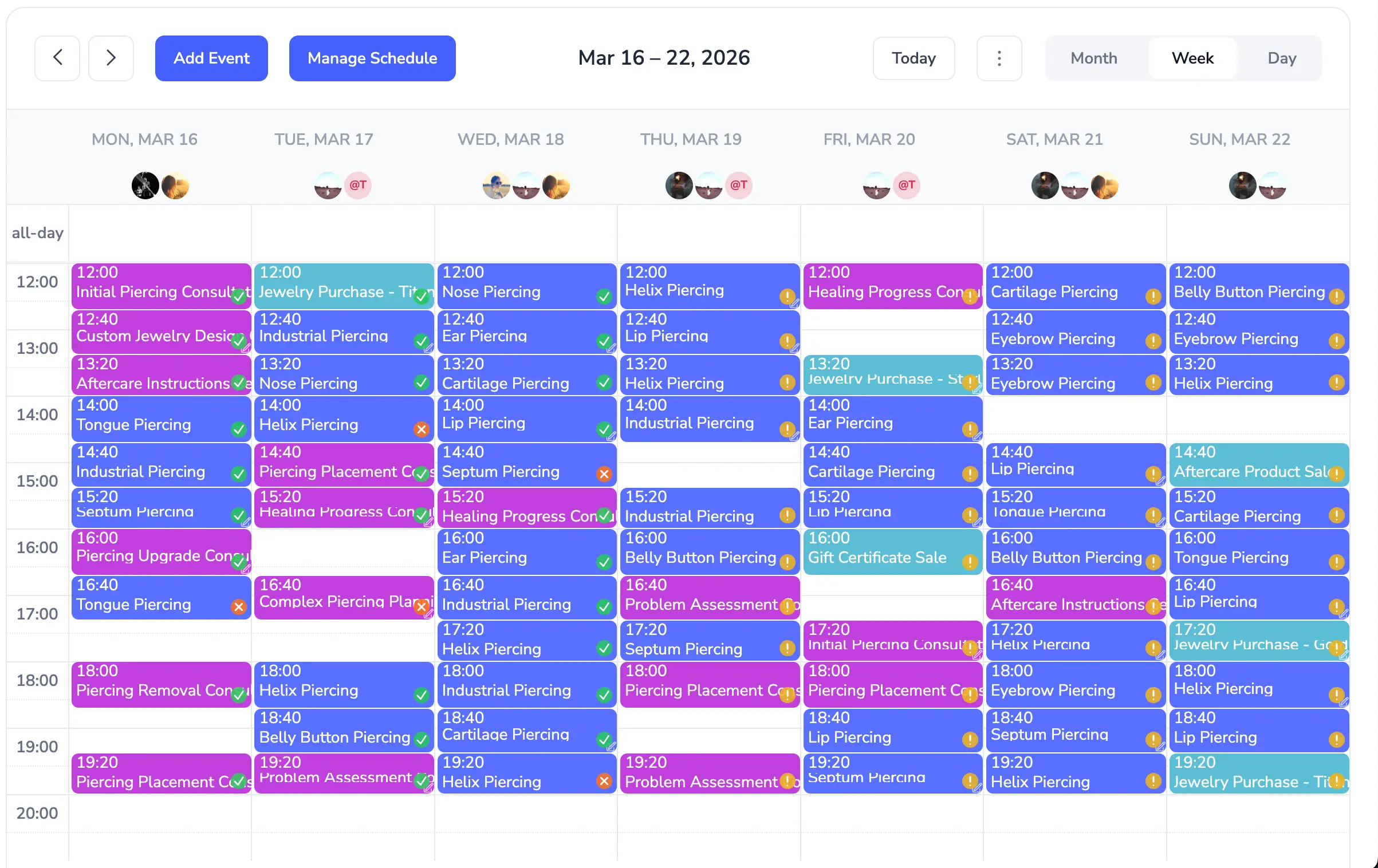 Weekly calendar schedule with team appointments